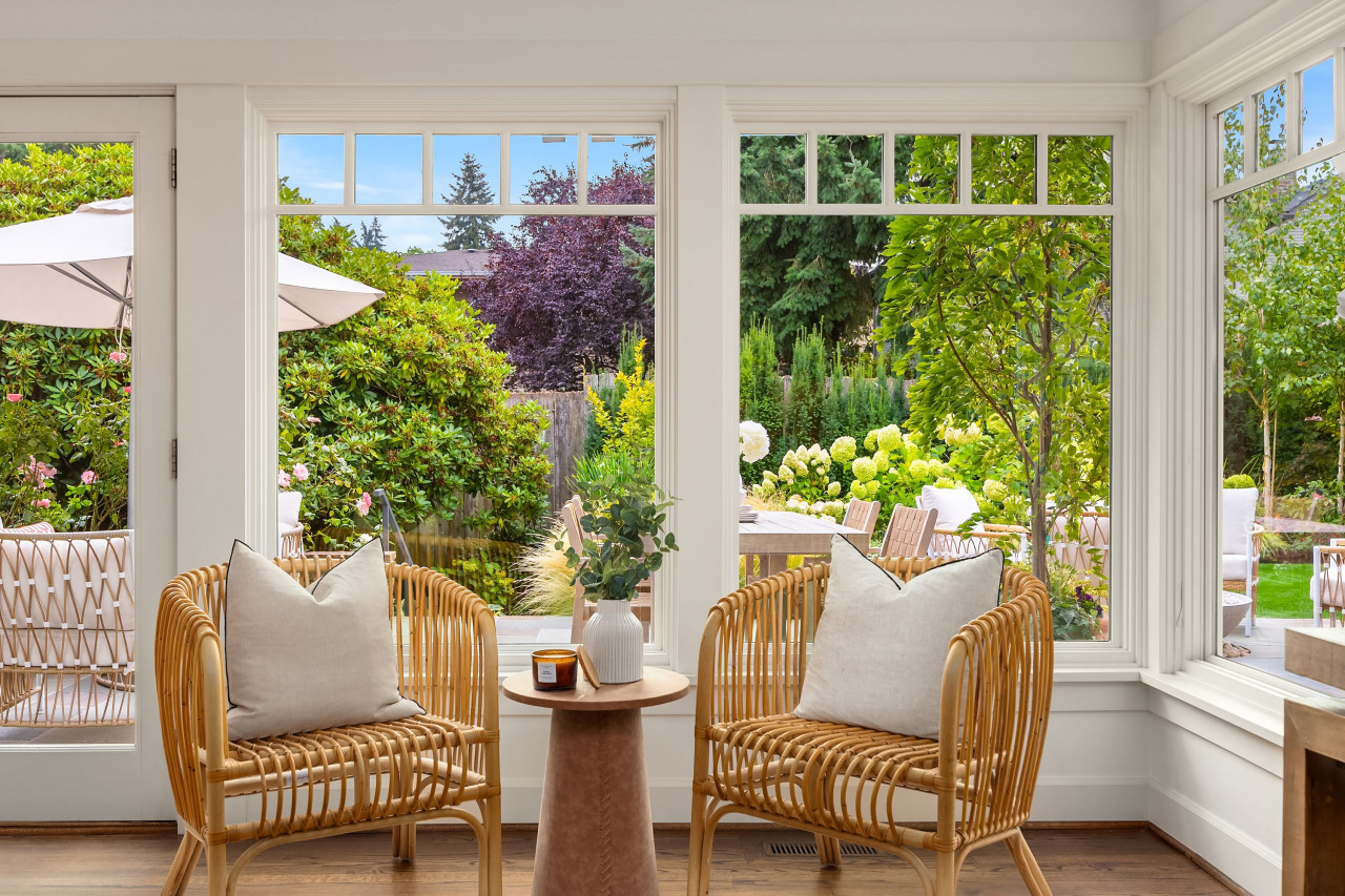 A close up looking out to the garden and patio from the living room.