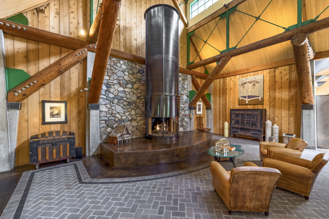 The islands' stonemason used a massive collection of rock from the property to create the wall behind the fireplace.