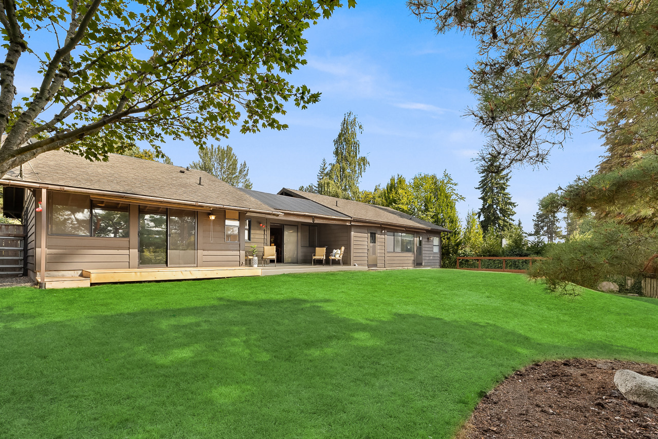 This is a view of the backyard showing a large lawn (it is now seasonally brown). The backyard is fenced.
