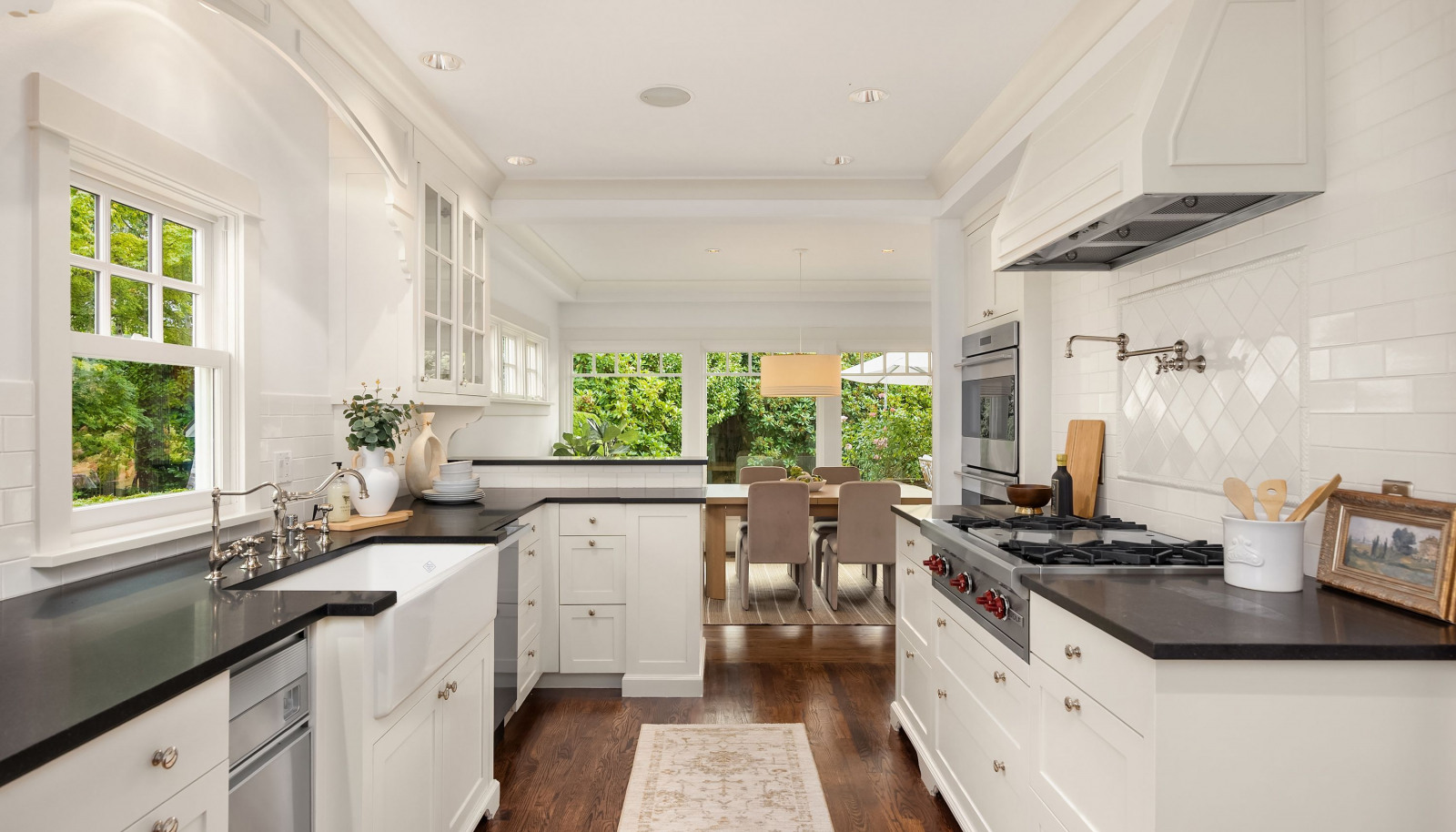 From inside the kitchen looking towards the dining room and the garden.