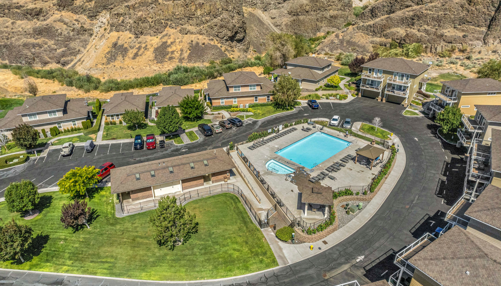 Aerial view of the property and surrounding amenities