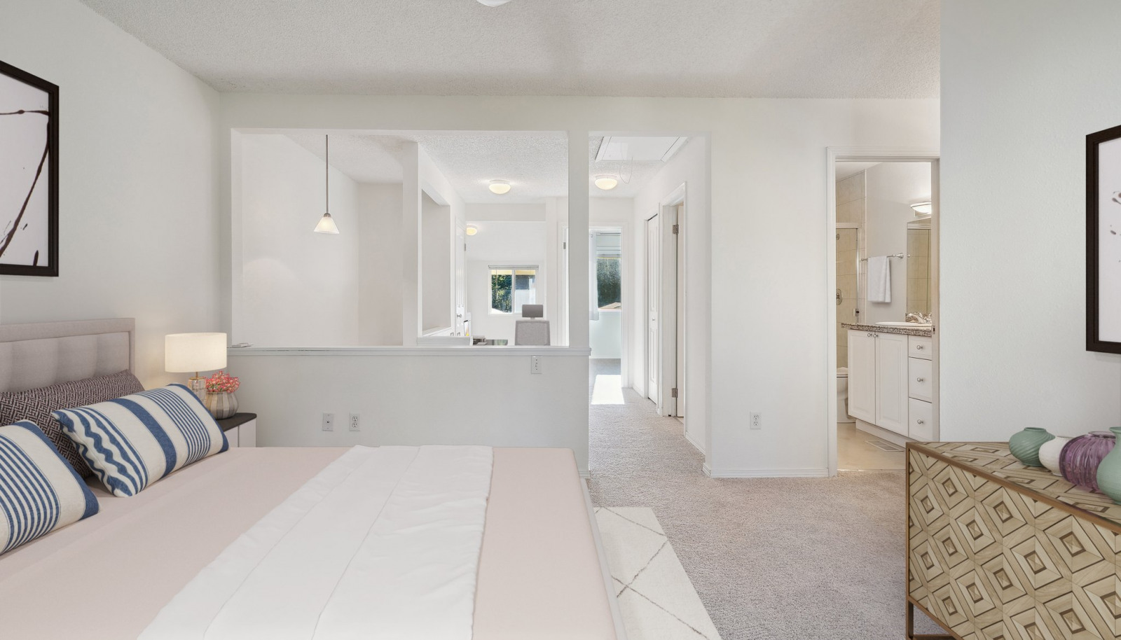 Open and light primary with ensuite and great walk in closet. Virtually staged to give you a sense of the potential! Fresh paint and carpet throughout the 2nd level.