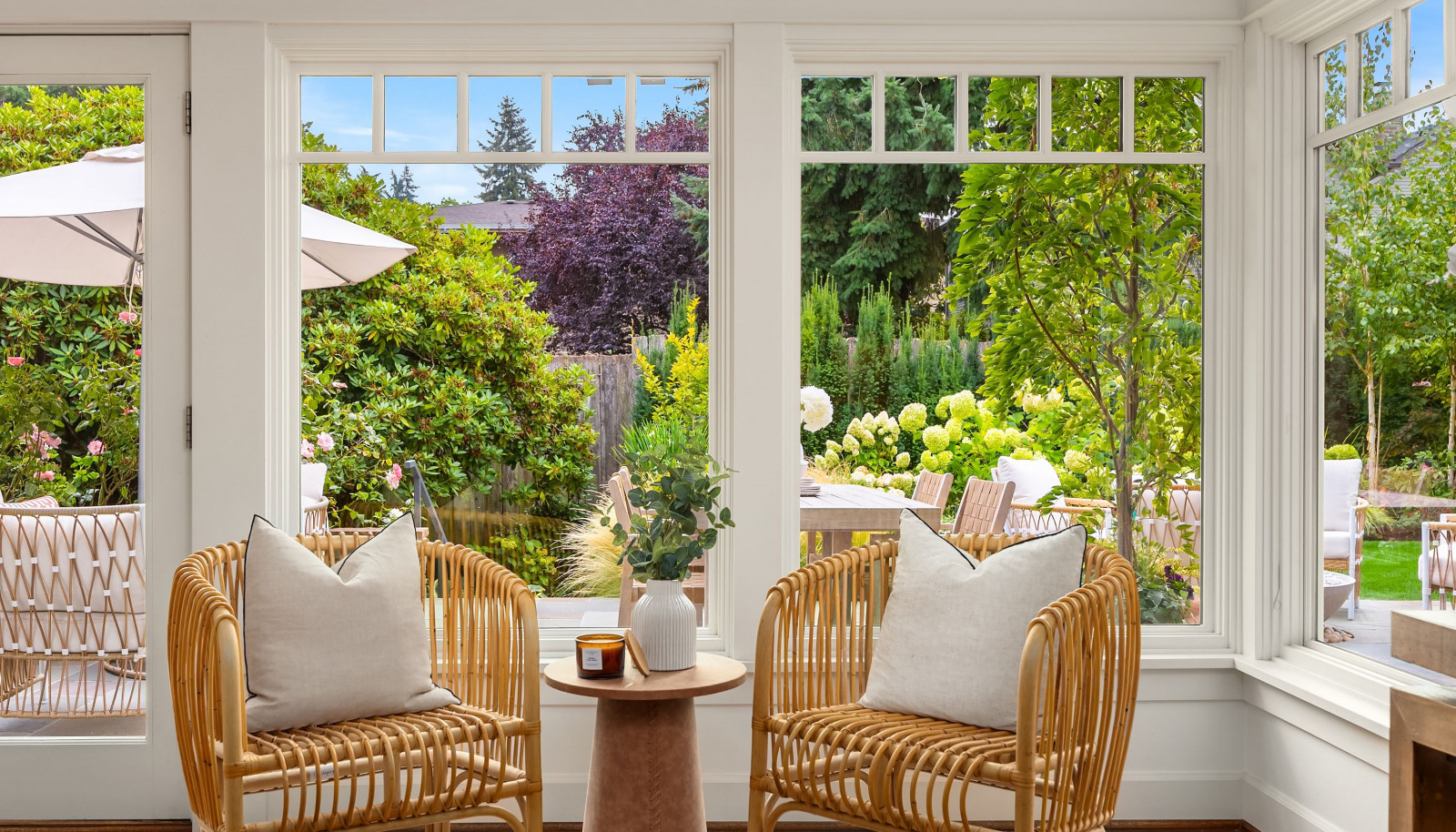 A close up looking out to the garden and patio from the living room.