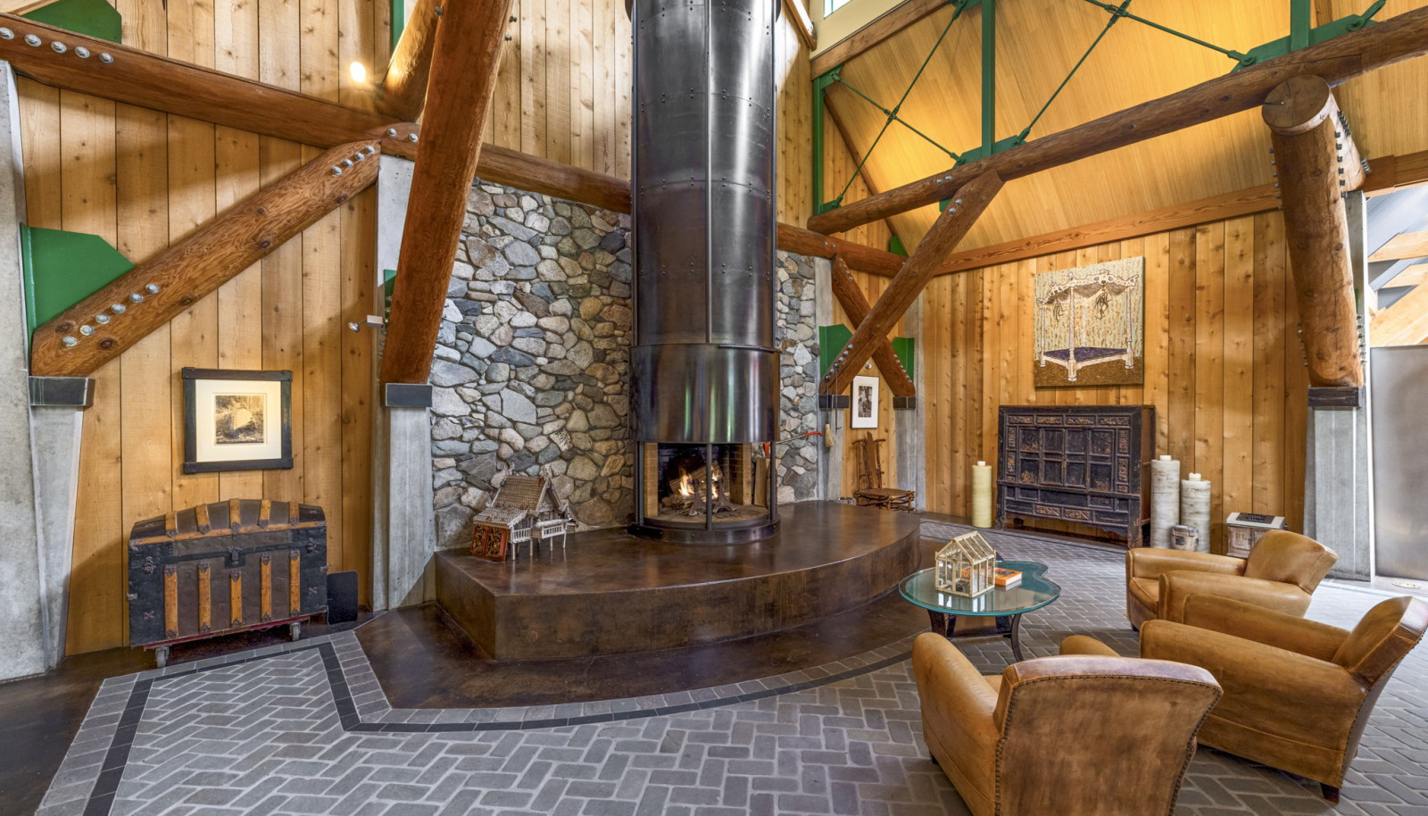 The islands' stonemason used a massive collection of rock from the property to create the wall behind the fireplace.