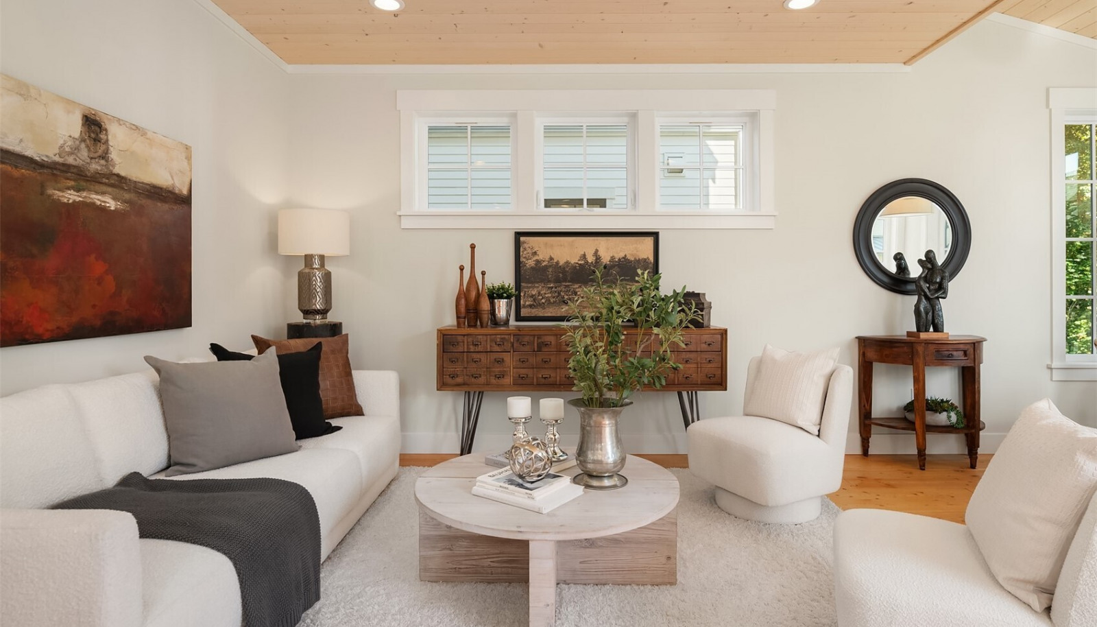 The comfortable living room overlooks dining and the cook's kitchen. The comfortable living room overlooks dining and the cook's kitchen.