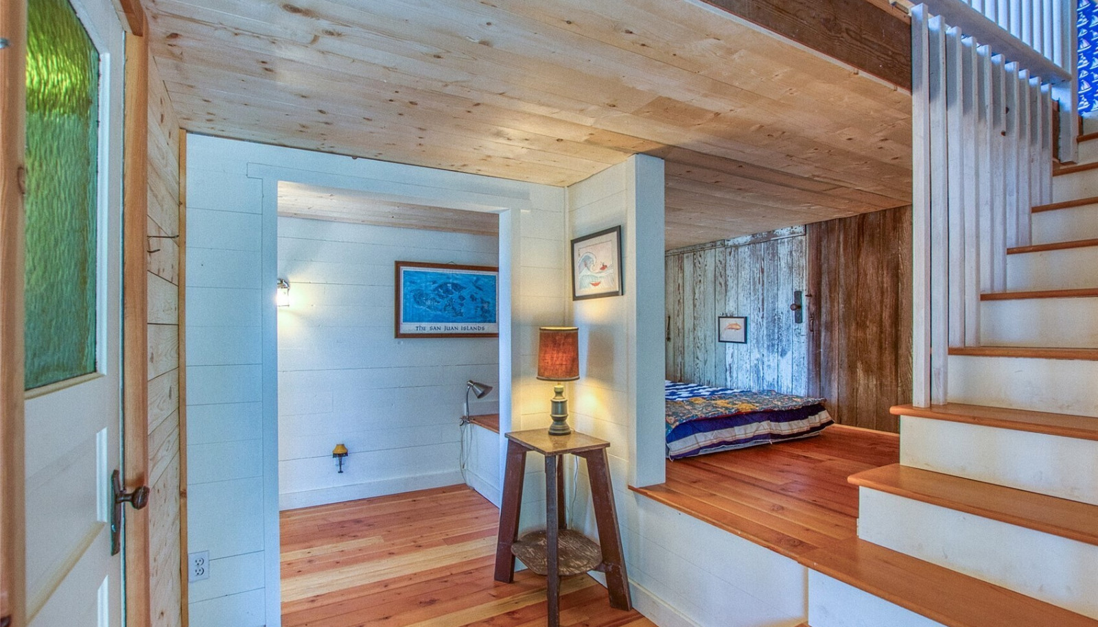 Second cabin with sleeping platform and 3/4 bath on the lower level. Kitchenette and great room is upstairs to the right. Second cabin with sleeping platform and 3/4 bath on the lower level. Kitchenette and great room is upstairs to the right.