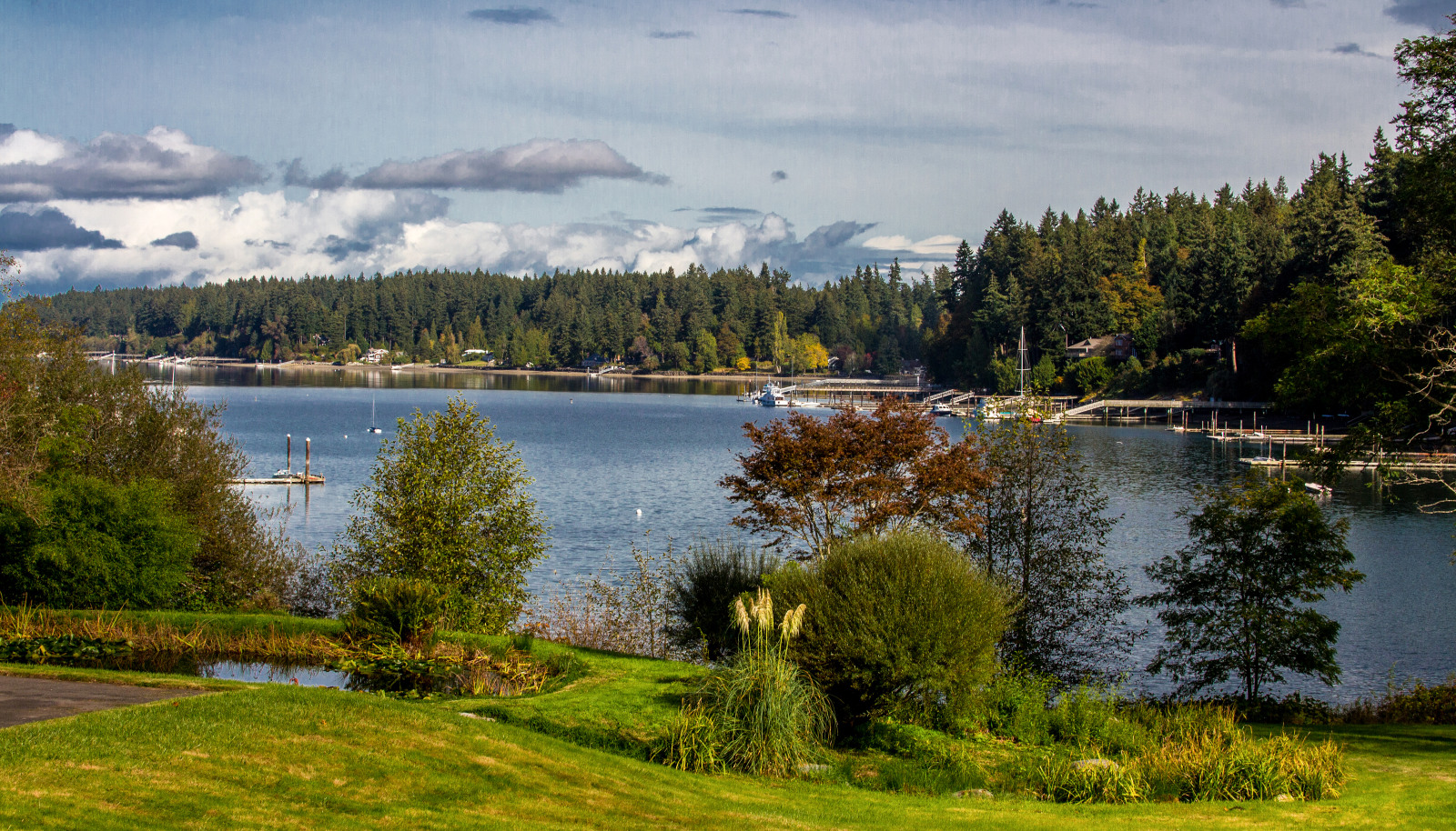 View from the wraparound deck with the pond on the left.