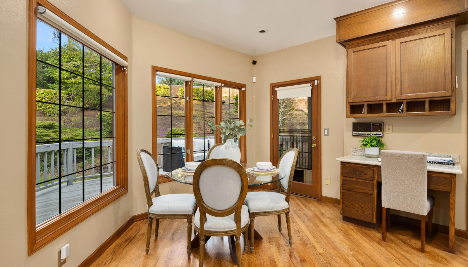 Beautiful views of the back yard from the Eating nook.