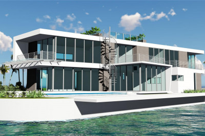 Build your dream home on 210' of water. Waterfront lot with plans in process. View from water. Rendering.