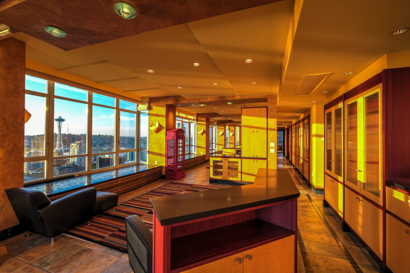 This full half of a floor interior is anchored by the view.