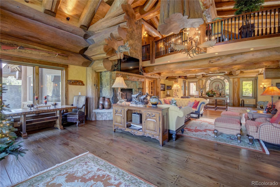 One Of A Kind Log Beams In Great Room